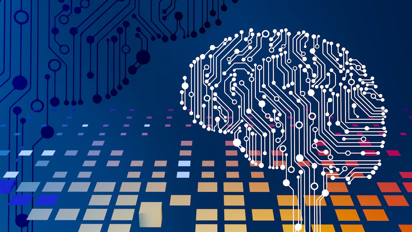 An illustrated circuit board shaped like a human brain